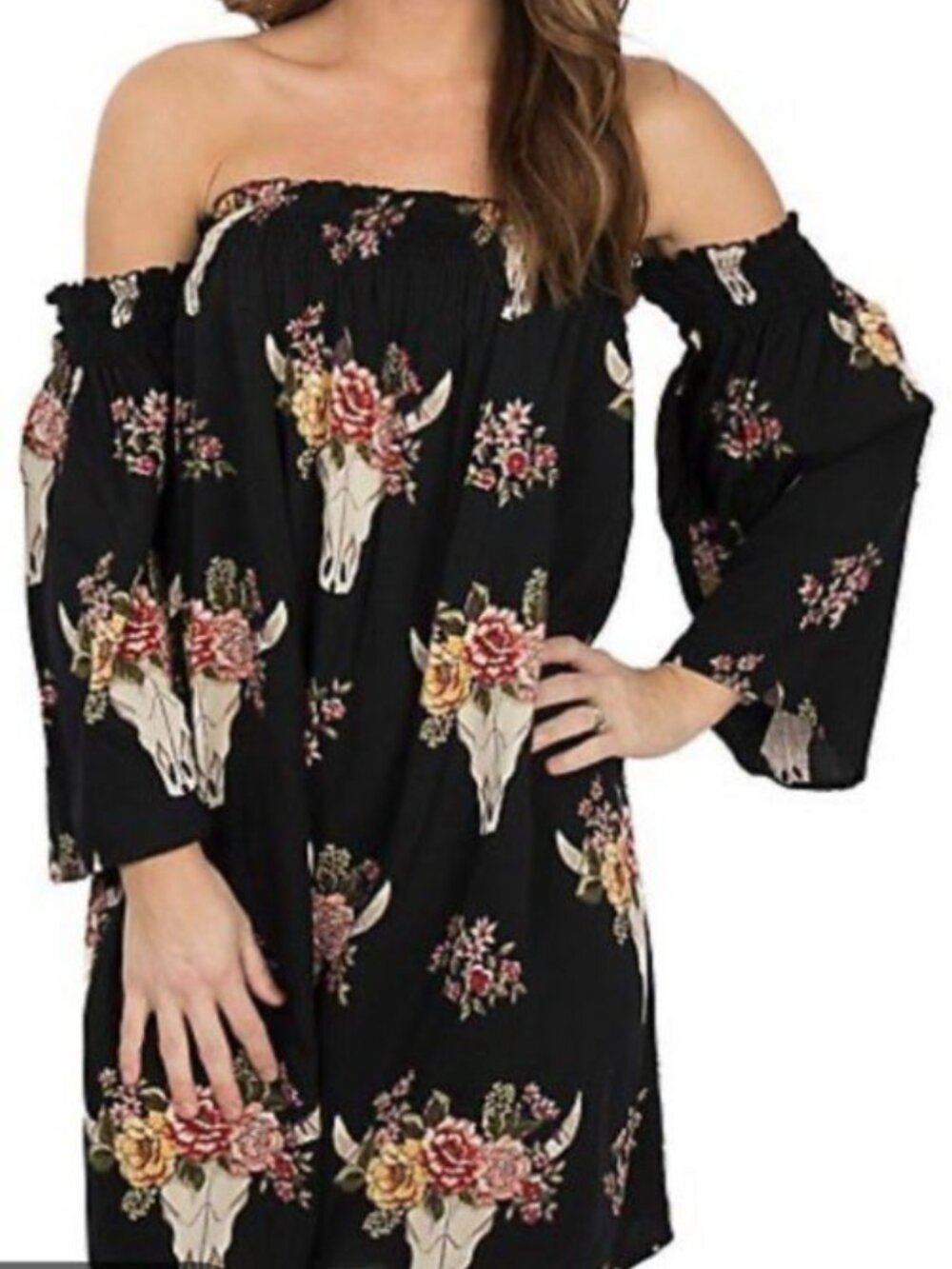 Angie Western Gothic Bull Skull Floral Dress Sz L Boho Off Shoulder Smocked Blac